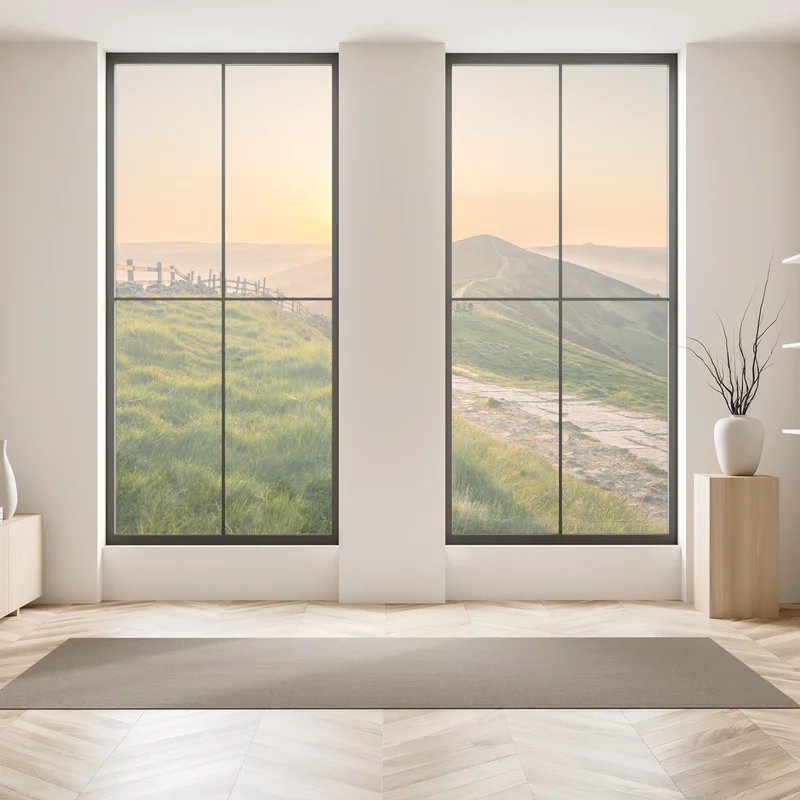 Fensteraufkleber sonnenaufgang über grünen hügeln