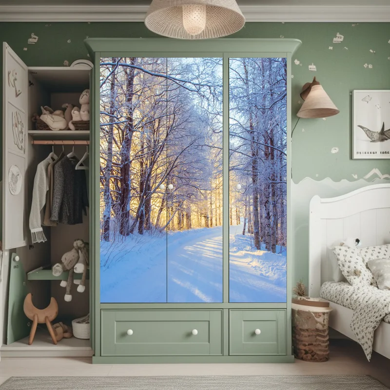 Schrankaufkleber birkenwald im winter bei sonnenaufgang