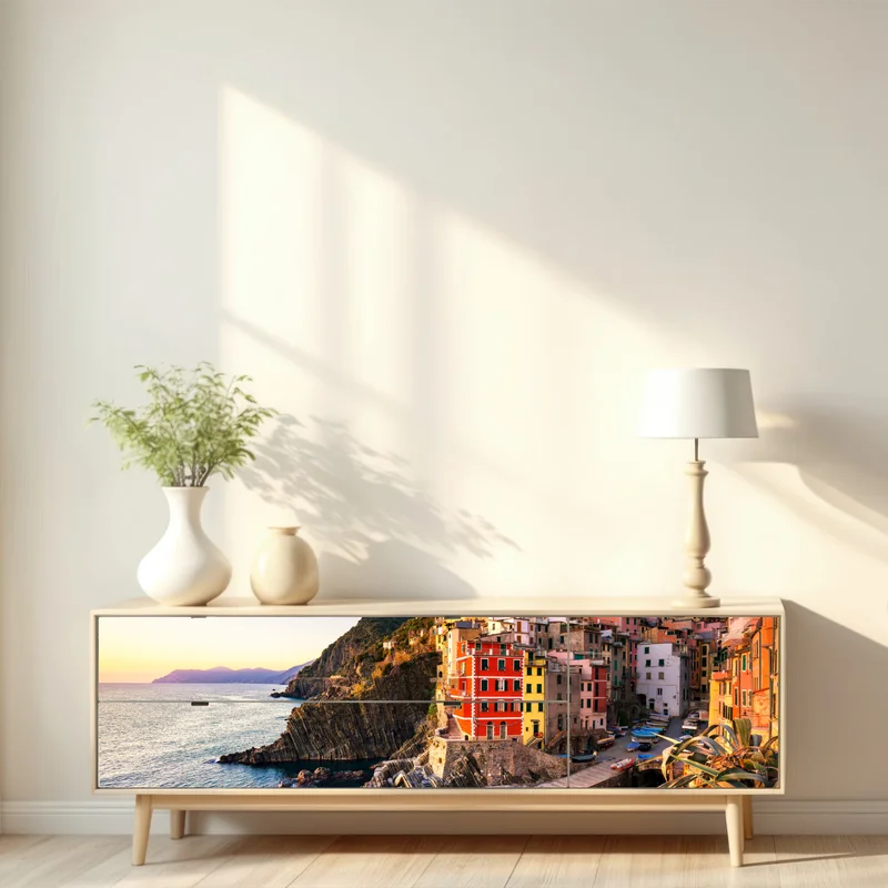 Repositionierbarer Aufkleber sonnenuntergang über Riomaggiore, Cinque Terre • Repositionierbare Aufkleber bei Wallnifity® Repositionierbarer Aufkleber sonnenuntergang über Riomaggiore, Cinque Terre • Repositionierbare Aufkleber bei Wallnifity®