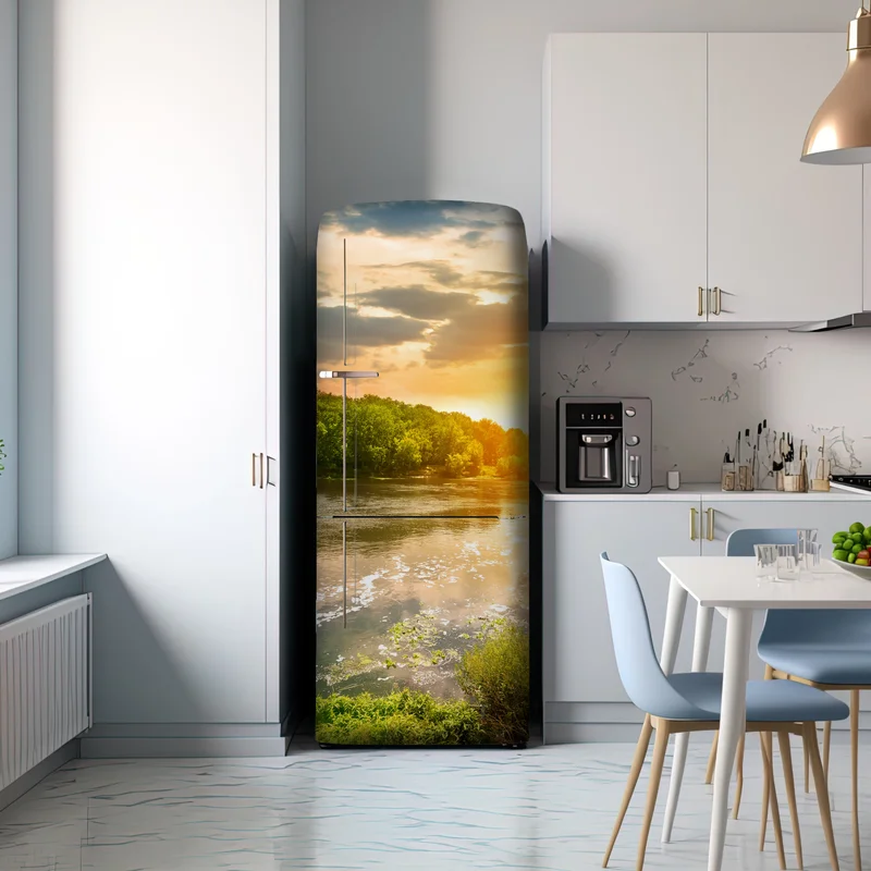 Kühlschrankaufkleber ruhiger sonnenuntergang am fluss im grünen wald Kühlschrankaufkleber ruhiger sonnenuntergang am fluss im grünen wald
