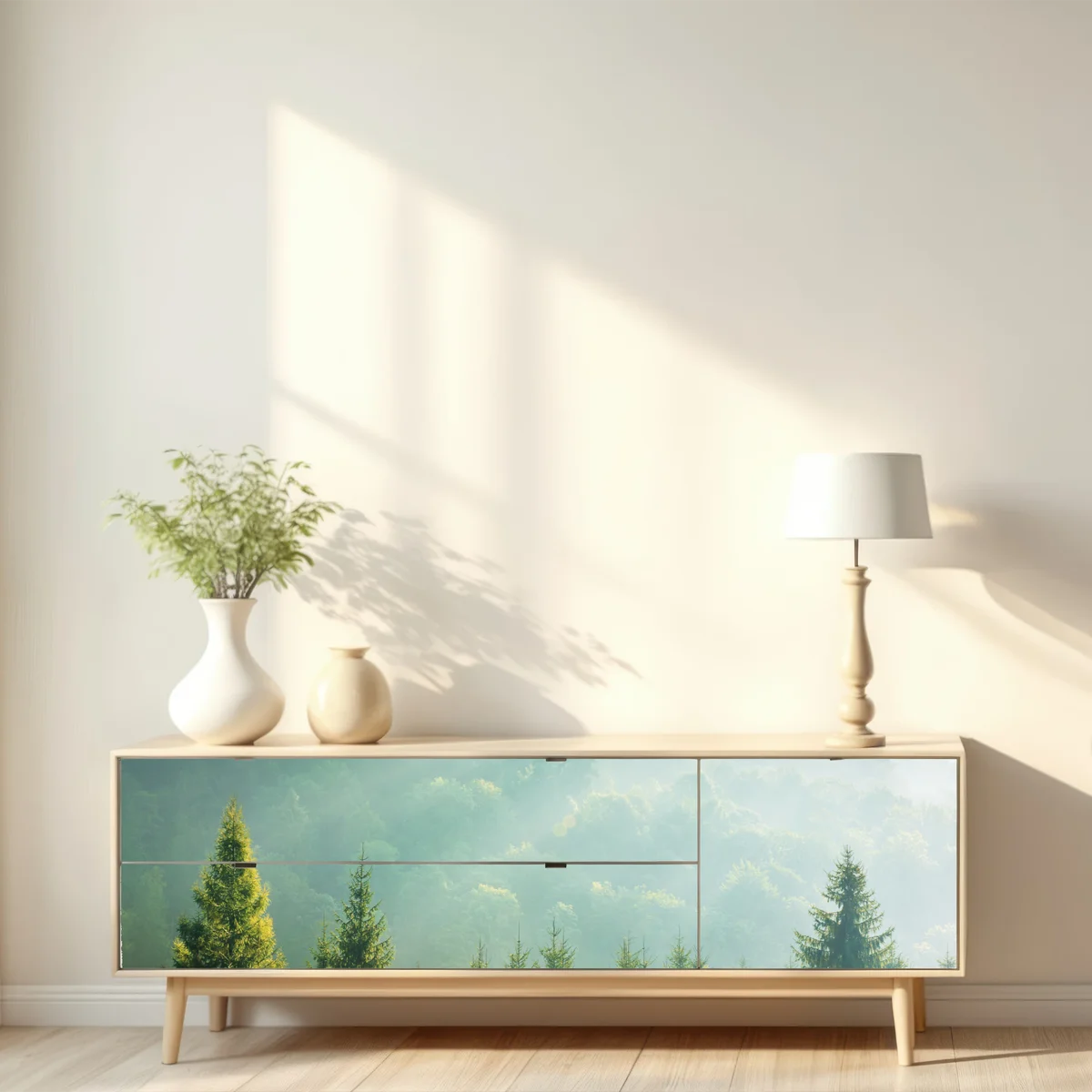 Repositionierbarer Aufkleber neblige fichtenspitzen im morgenlicht Repositionierbarer Aufkleber neblige fichtenspitzen im morgenlicht