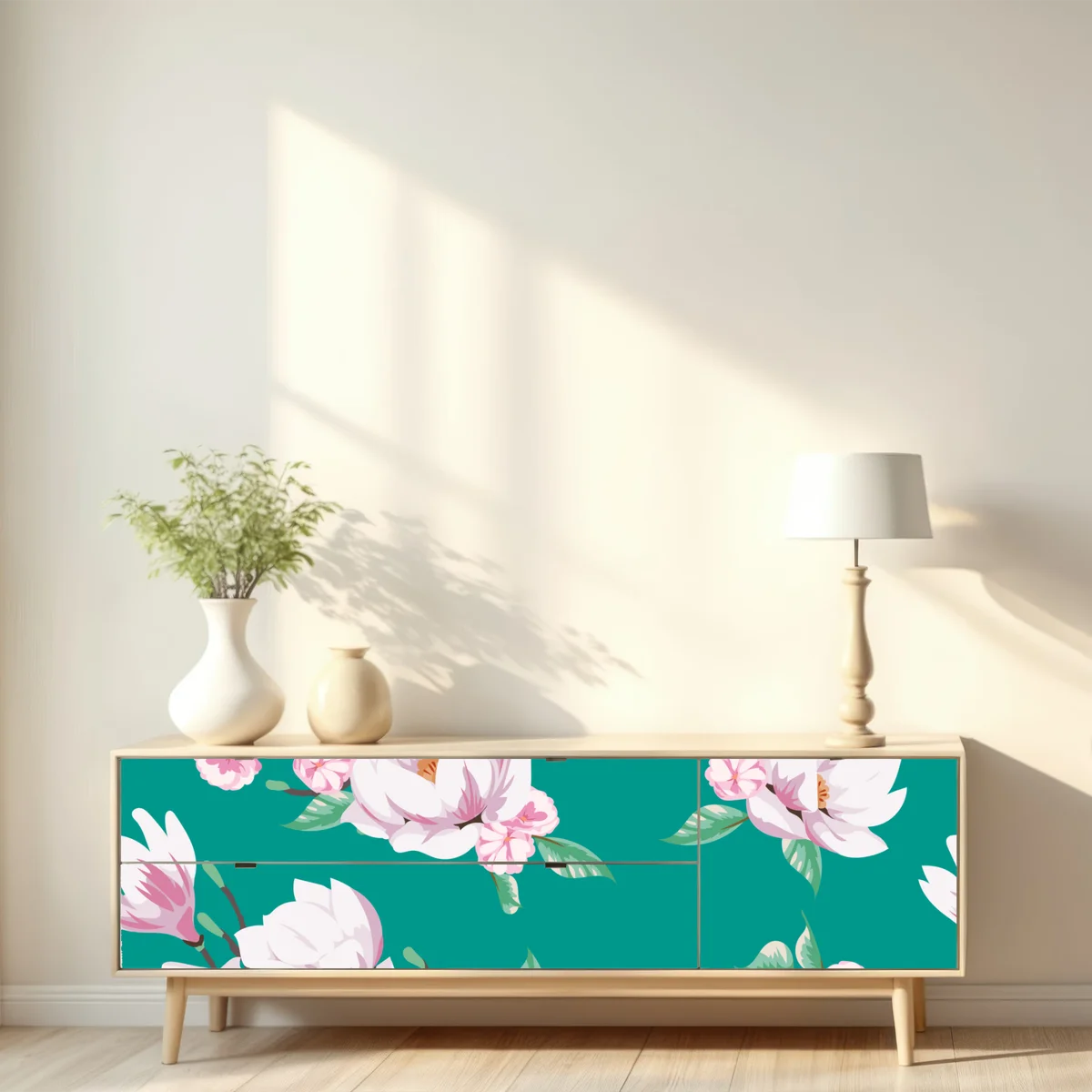 Repositionierbarer Aufkleber pastell magnolienmuster auf türkisfarbenem hintergrund Repositionierbarer Aufkleber pastell magnolienmuster auf türkisfarbenem hintergrund