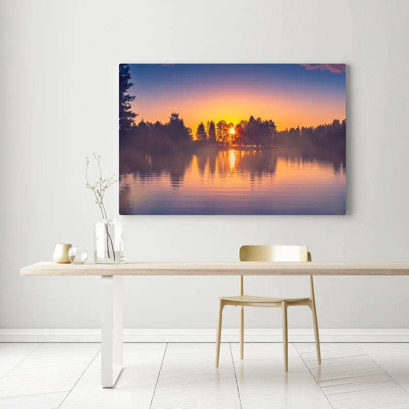 Leinwandbild nebliger sonnuntergang am see Leinwandbild nebliger sonnuntergang am see