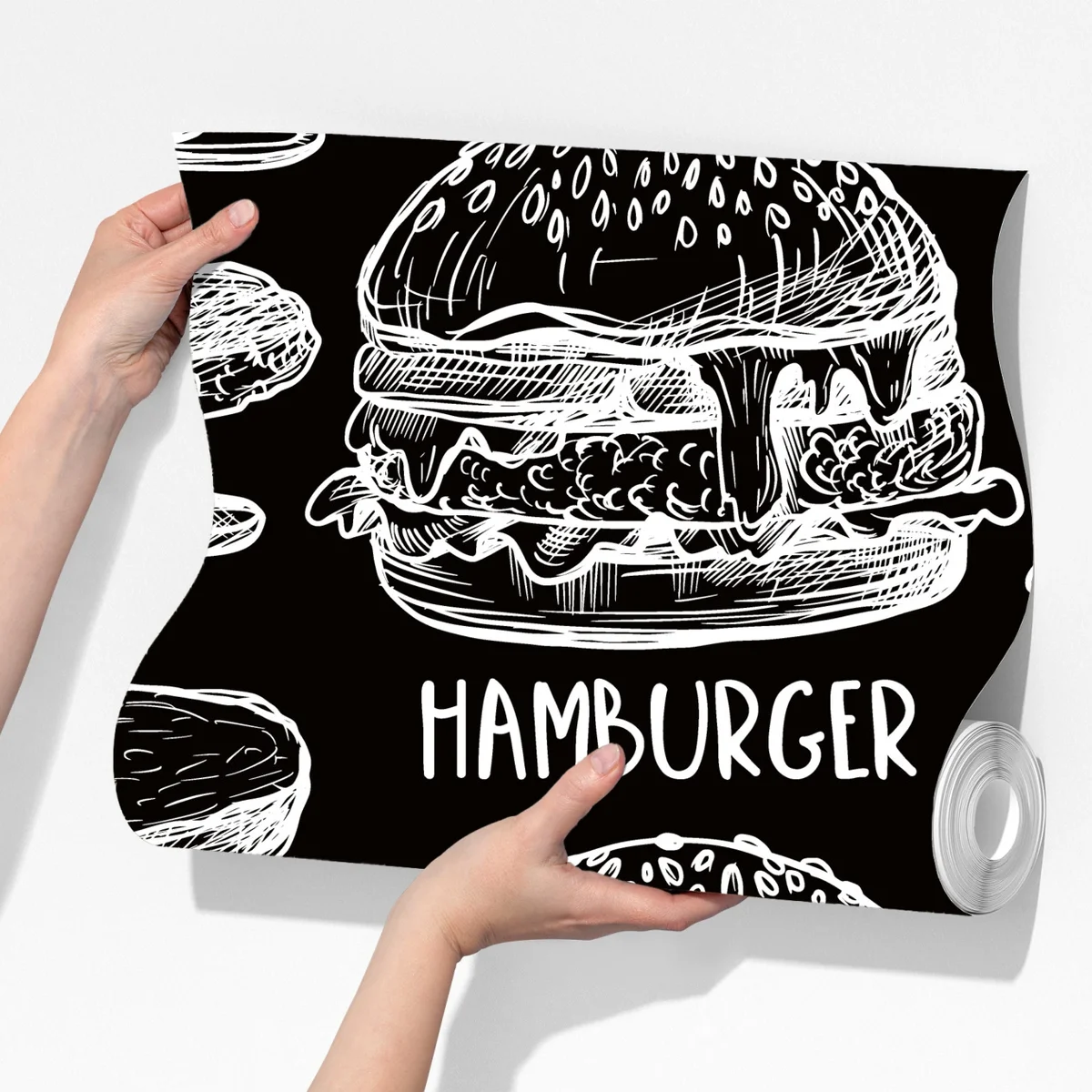 Fototapete handgezeichnetes burger-muster auf schwarzem hintergrund Fototapete handgezeichnetes burger-muster auf schwarzem hintergrund