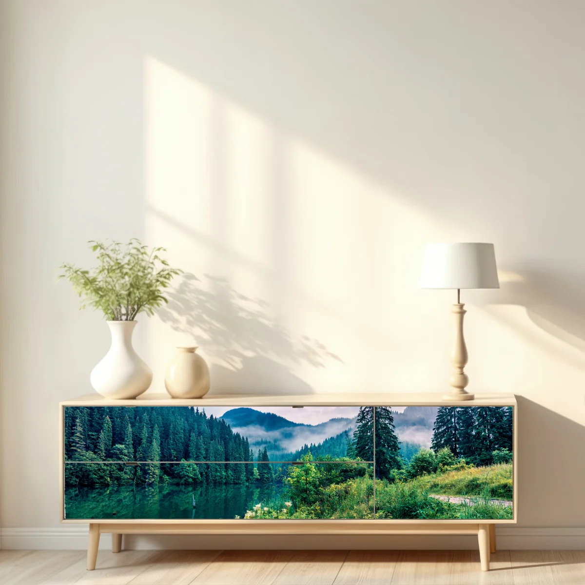 Repositionierbarer Aufkleber nebliger sonnenaufgang über Lacu Rosu Repositionierbarer Aufkleber nebliger sonnenaufgang über Lacu Rosu