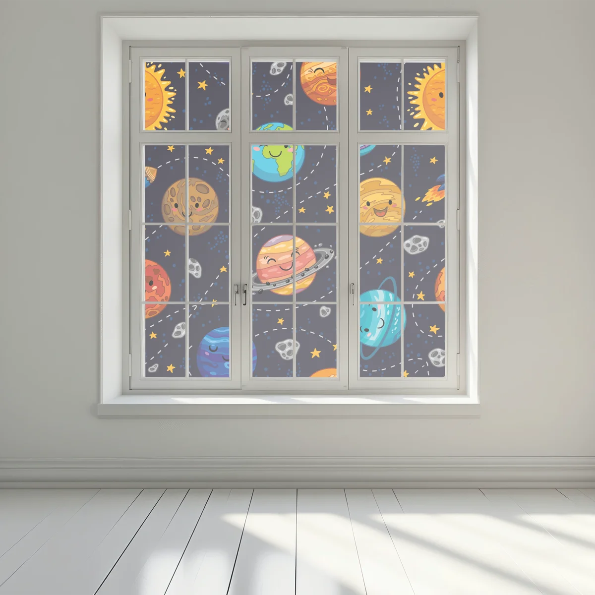 Fensteraufkleber lächelnde planeten im verspielten weltraummuster Fensteraufkleber lächelnde planeten im verspielten weltraummuster