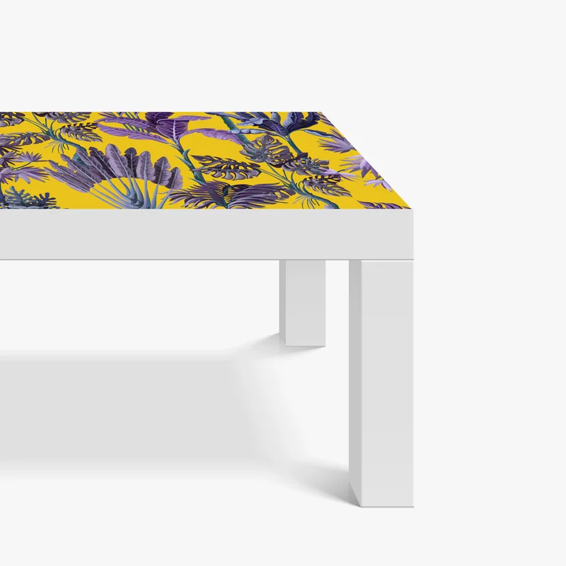 Tischaufkleber und Schreibtischaufkleber tropische lila blätter auf gelbem hintergrund