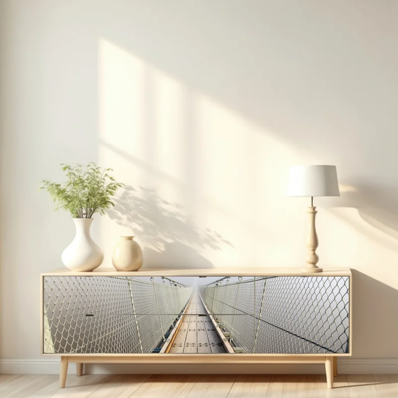 Repositionierbarer Aufkleber neblige hängebrücke die in den nebel führt Repositionierbarer Aufkleber neblige hängebrücke die in den nebel führt