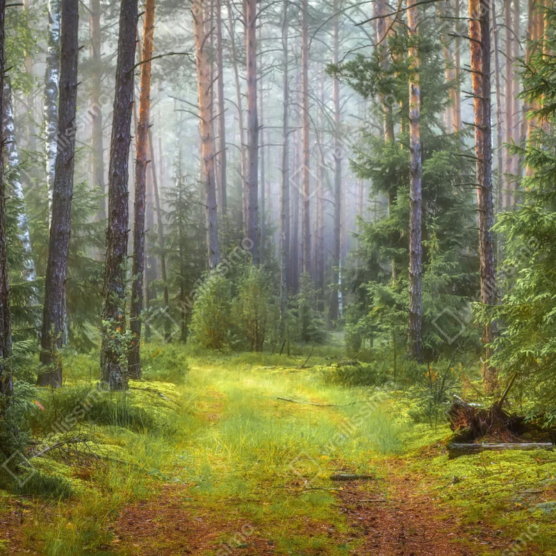 Fototapete nebliger kiefernwald mit pfad Fototapete nebliger kiefernwald mit pfad