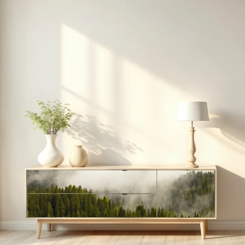 Repositionierbarer Aufkleber nebliger nadelwald im morgengrauen