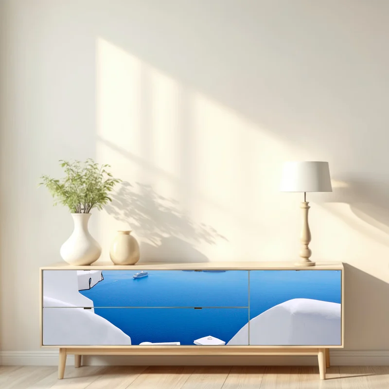 Repositionierbarer Aufkleber Santorini weiße treppen zum meer Repositionierbarer Aufkleber Santorini weiße treppen zum meer