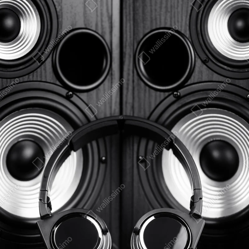 Poster monochromes audio-ensemble mit kopfhörern und lautsprechern Poster monochromes audio-ensemble mit kopfhörern und lautsprechern