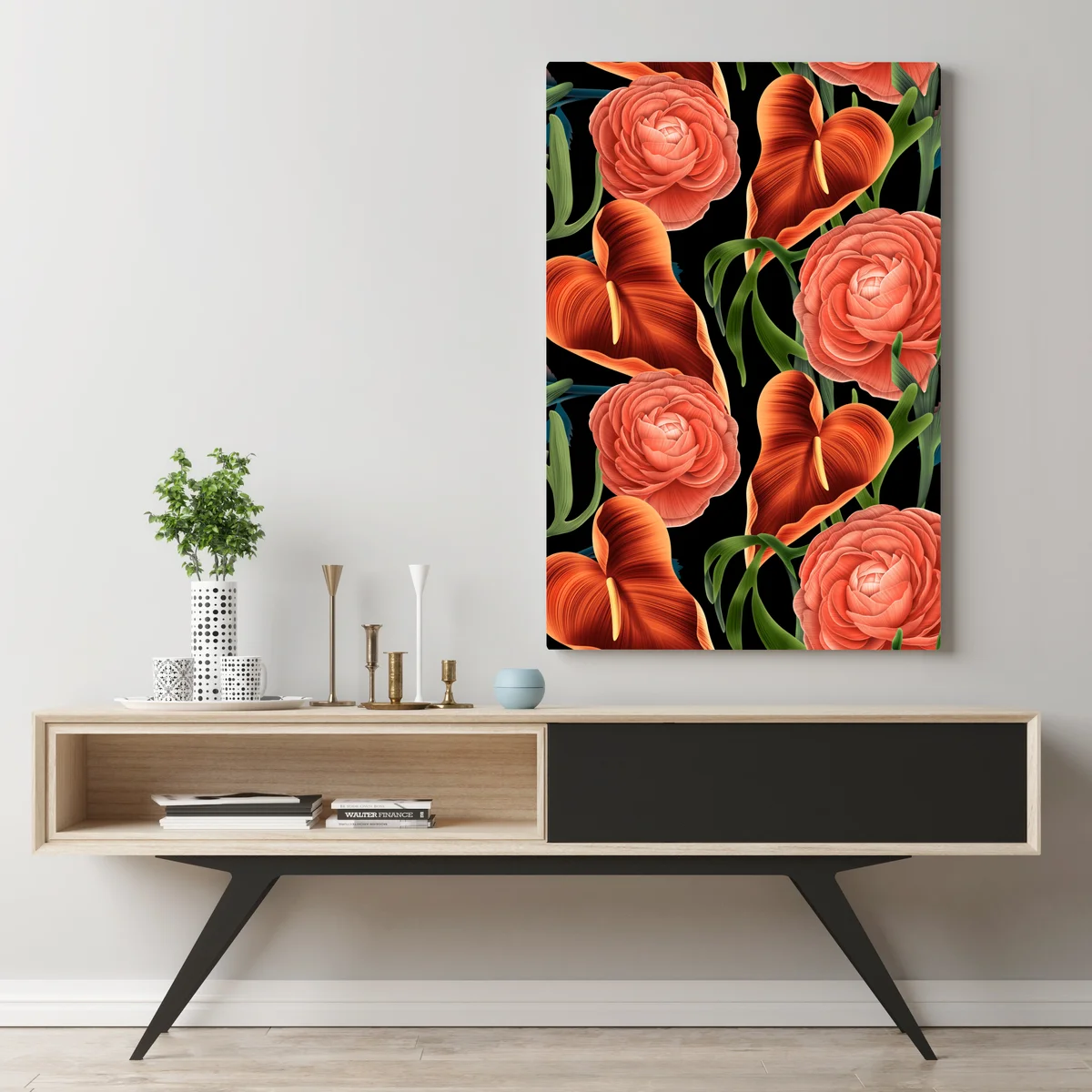 Leinwandbild lebhaftes korallenblumenmuster auf schwarzem hintergrund Leinwandbild lebhaftes korallenblumenmuster auf schwarzem hintergrund