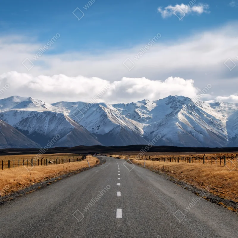 Leinwandbild straße zur schneebedeckten bergwelt, Neuseeland Leinwandbild straße zur schneebedeckten bergwelt, Neuseeland