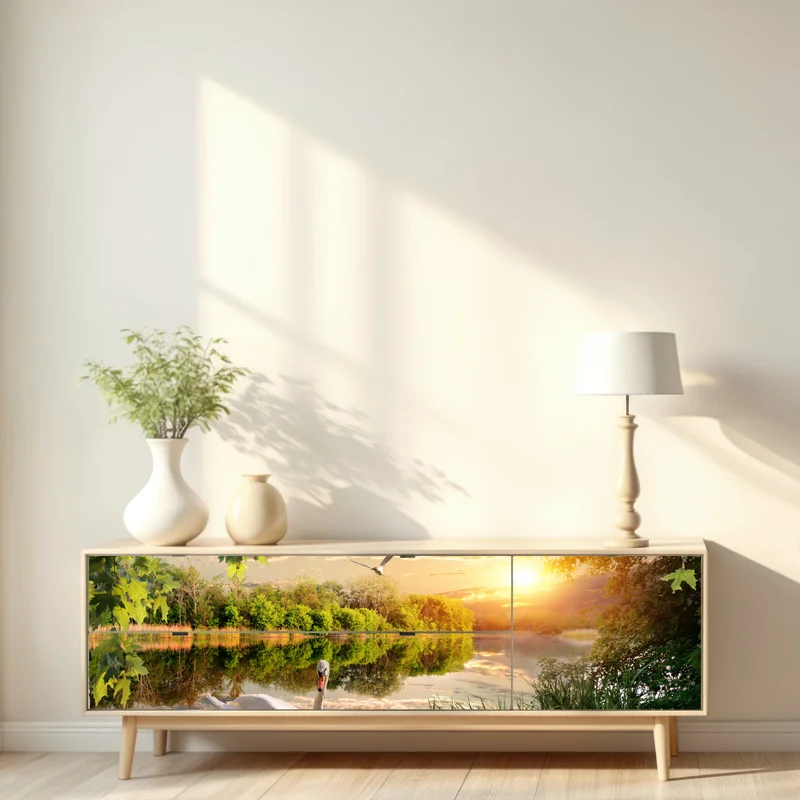 Repositionierbarer Aufkleber sonnenuntergang mit schwan auf stillem see