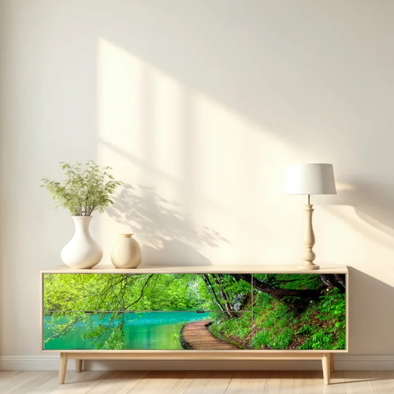 Repositionierbarer Aufkleber ruhiger holzsteg am see im grünen wald