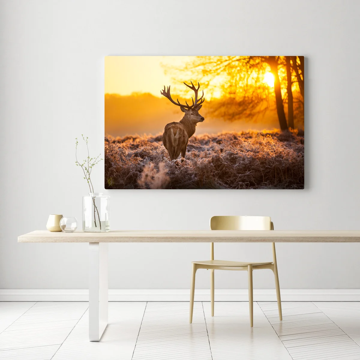Leinwandbild goldener hirsch im sonnenaufgang Leinwandbild goldener hirsch im sonnenaufgang