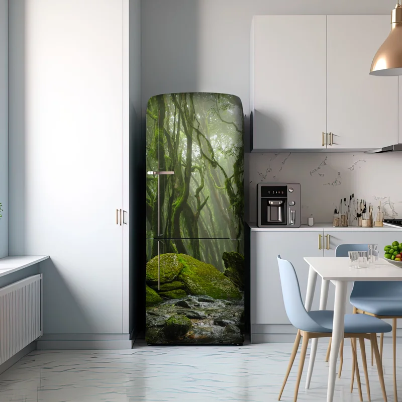 Kühlschrankaufkleber moosiger wald mit bach im nebel