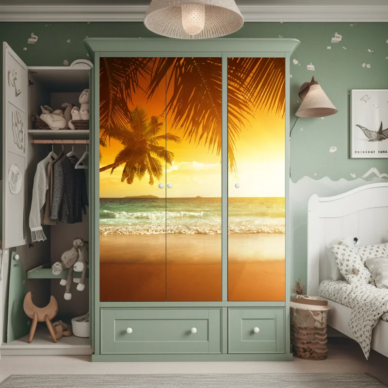 Schrankaufkleber goldener sonnenuntergang an einem strand in der Karibik