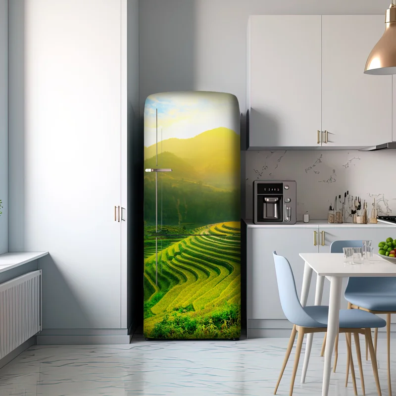 Kühlschrankaufkleber goldene reisterrassen im morgenlicht