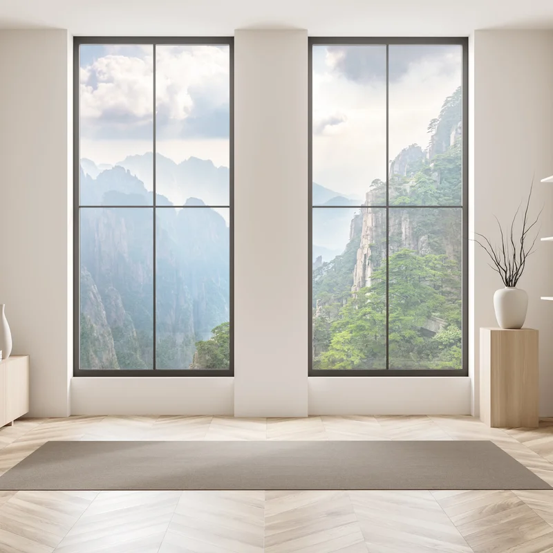 Fensteraufkleber neblige bergklippen mit sonnenstrahlen Fensteraufkleber neblige bergklippen mit sonnenstrahlen