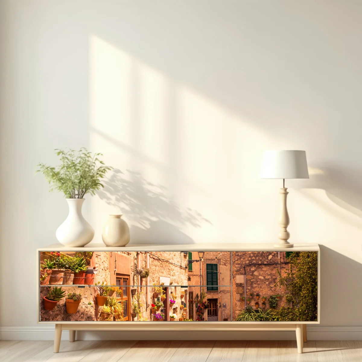 Repositionierbarer Aufkleber sonnige mediterrane gasse mit blumentöpfen Repositionierbarer Aufkleber sonnige mediterrane gasse mit blumentöpfen