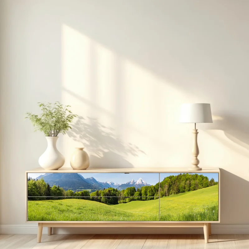 Repositionierbarer Aufkleber ruhiges alpines wiesenpanorama Repositionierbarer Aufkleber ruhiges alpines wiesenpanorama