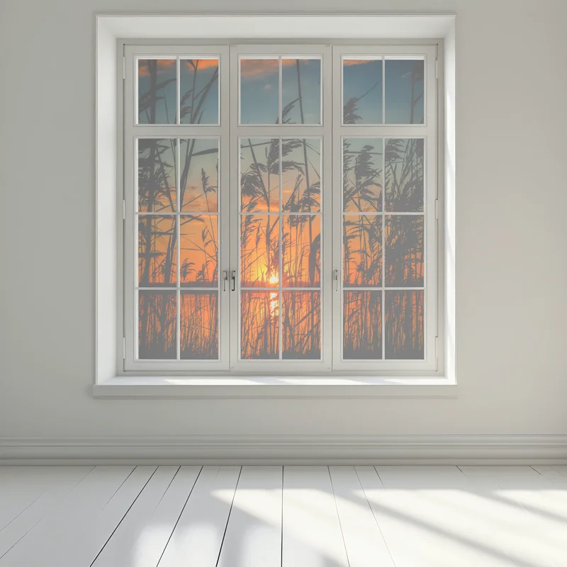 Fensteraufkleber sonnenuntergang am see mit schilf-silhouette