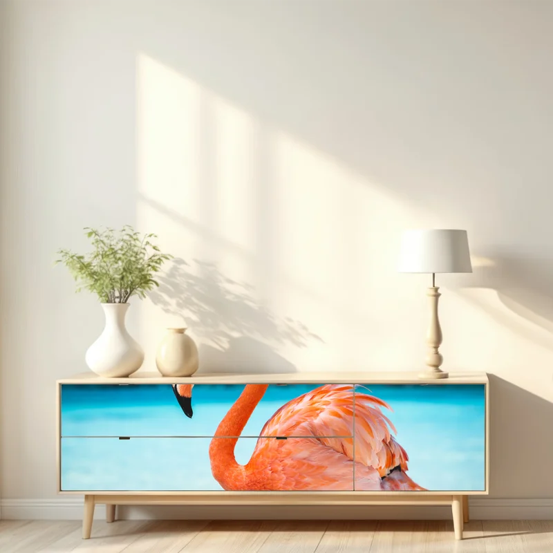 Repositionierbarer Aufkleber leuchtender rosa flamingo am türkisfarbenen strand Repositionierbarer Aufkleber leuchtender rosa flamingo am türkisfarbenen strand