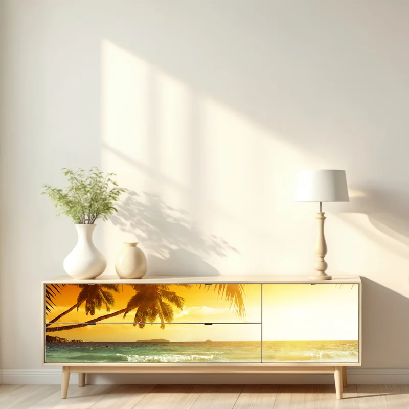 Repositionierbarer Aufkleber goldener sonnenuntergang an einem strand in der Karibik