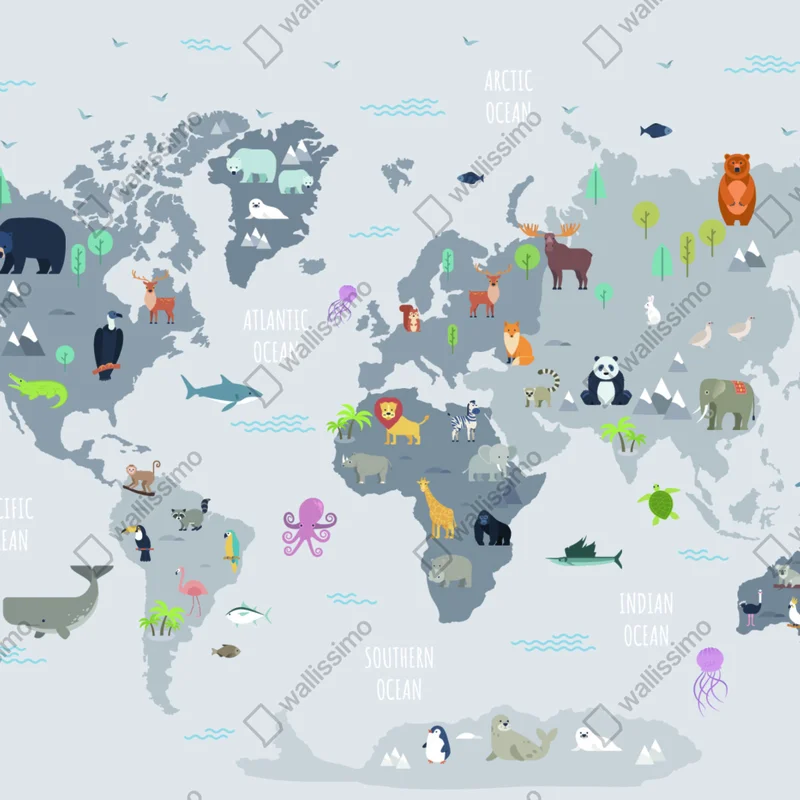 Fototapete pastellfarbene weltkarte mit tieren Fototapete pastellfarbene weltkarte mit tieren