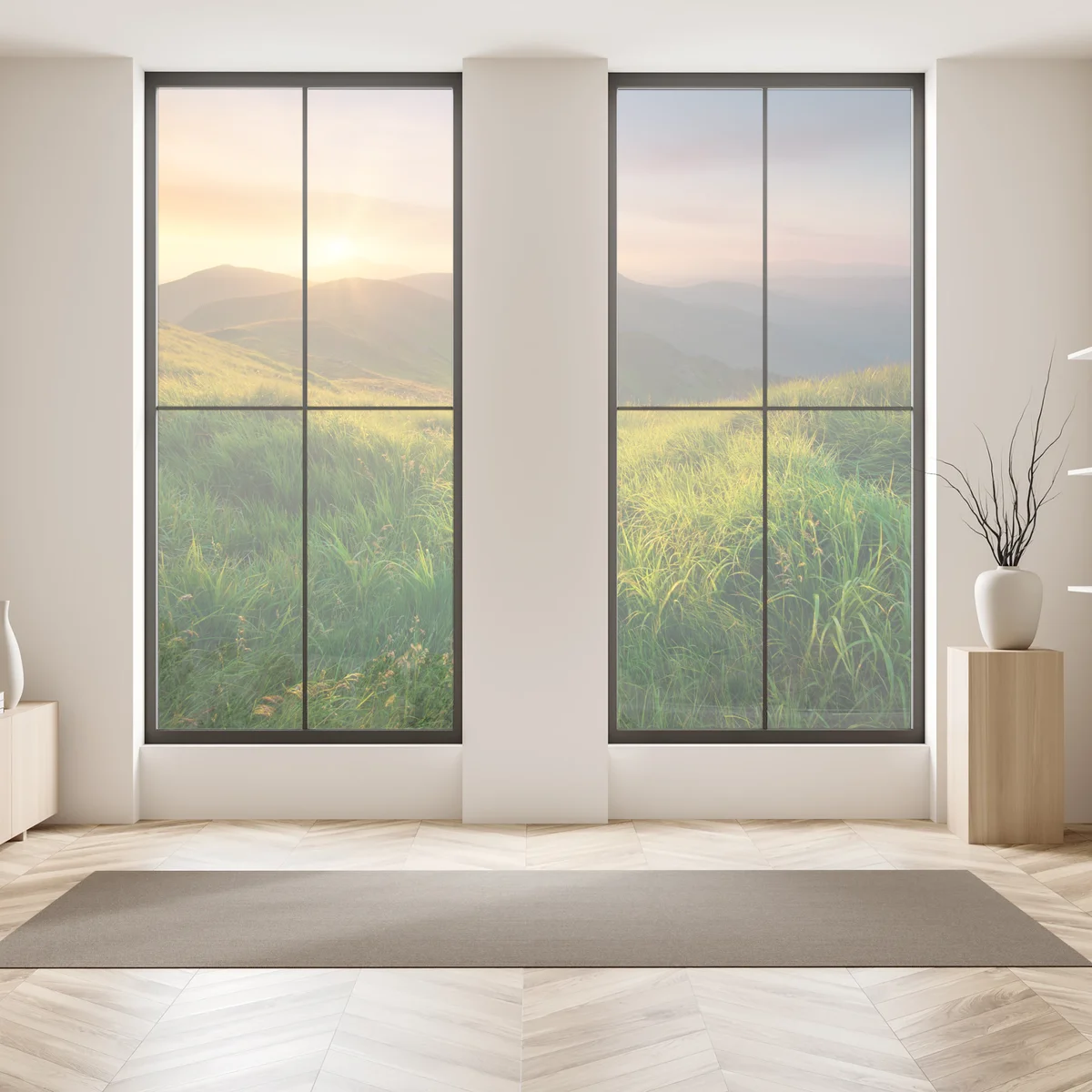 Fensteraufkleber sonnenaufgang über dem smaragdgrünen bergtal Fensteraufkleber sonnenaufgang über dem smaragdgrünen bergtal