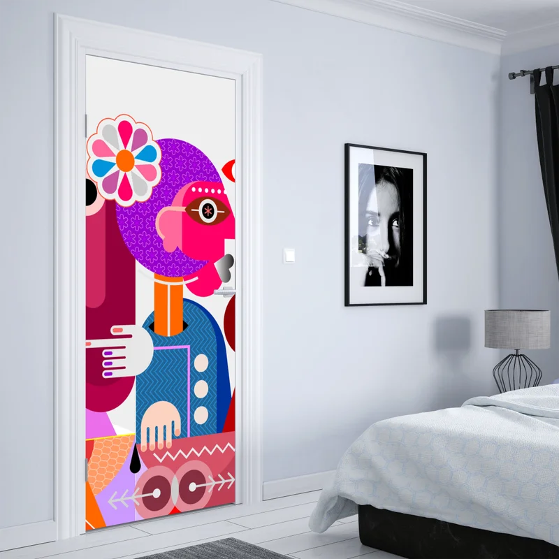 Türaufkleber mann mit regenbogen reitet geometrischen vogel