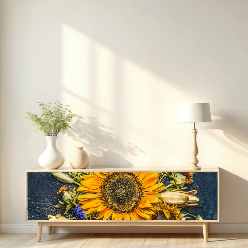 Repositionierbarer Aufkleber herbstlicher sonnenblumenstrauß auf dunklem rustikalem hintergrund