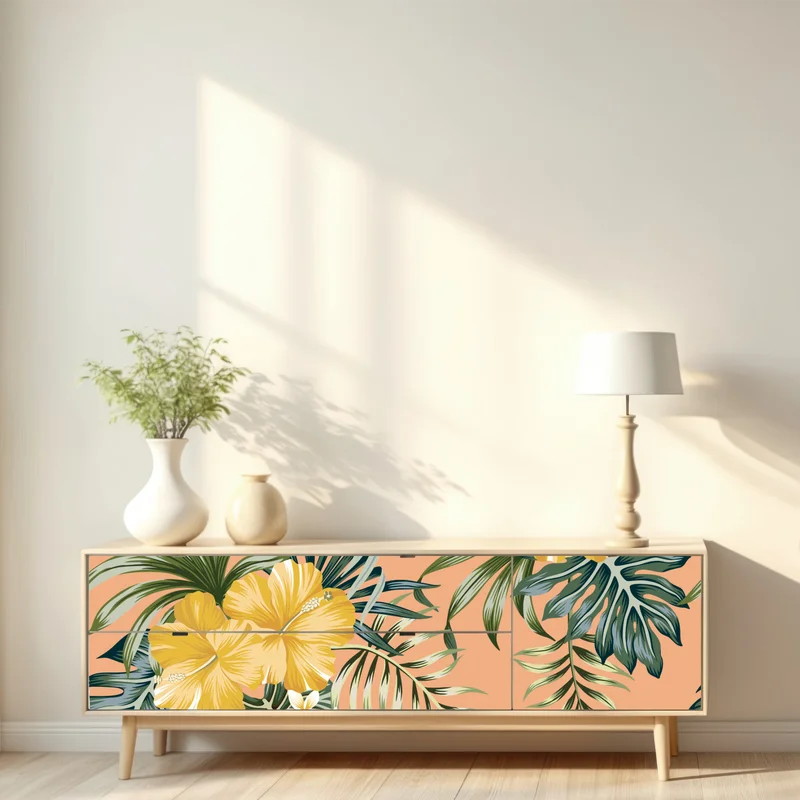 Repositionierbarer Aufkleber tropisches hibiskusmuster auf pfirsichfarbenem hintergrund Repositionierbarer Aufkleber tropisches hibiskusmuster auf pfirsichfarbenem hintergrund