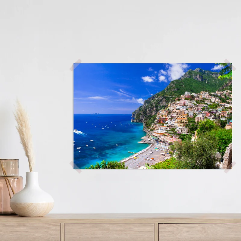 Poster sonnige panoramaaufnahme von Positano an der Amalfiküste Poster sonnige panoramaaufnahme von Positano an der Amalfiküste