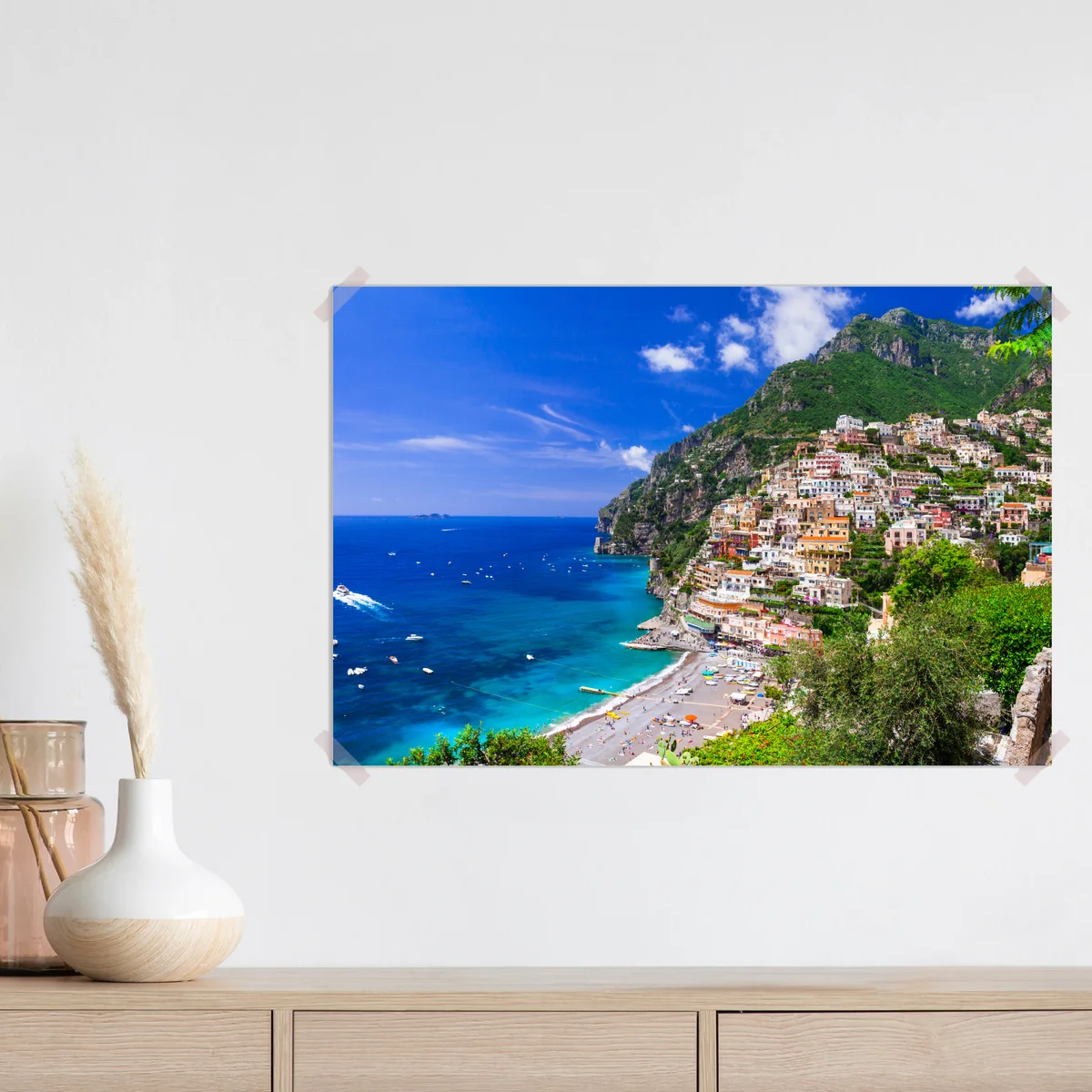 Poster sonnige panoramaaufnahme von Positano an der Amalfiküste Poster sonnige panoramaaufnahme von Positano an der Amalfiküste