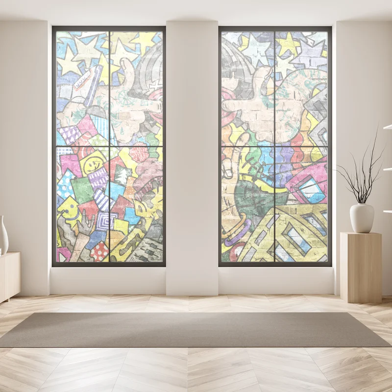 Fensteraufkleber buntes graffiti-mural mit verspielter figur