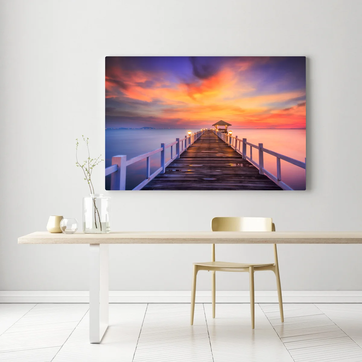 Leinwandbild holzsteg im sonnenaufgang Leinwandbild holzsteg im sonnenaufgang