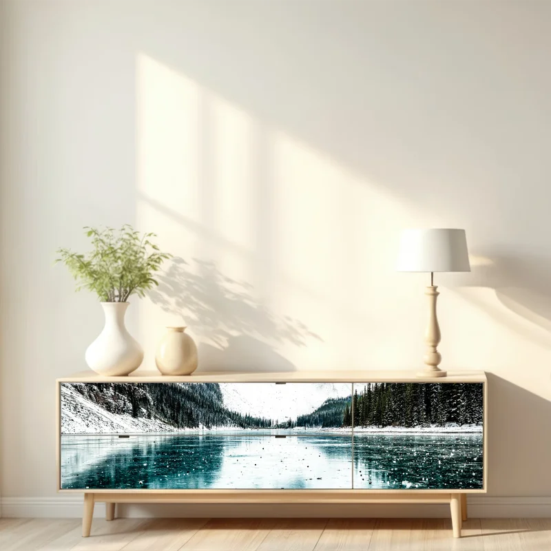 Repositionierbarer Aufkleber eisiger türkissee mit bergreflexion