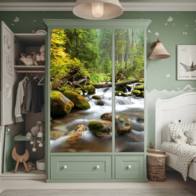 Schrankaufkleber moosbedeckter waldbach im herbst