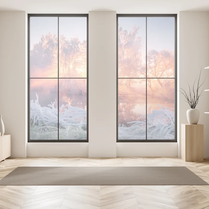 Fensteraufkleber winterlicher sonnenaufgang über zugefrorenem fluss Fensteraufkleber winterlicher sonnenaufgang über zugefrorenem fluss