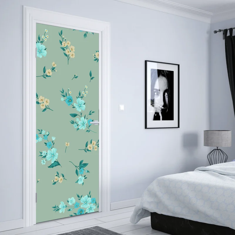 Türaufkleber pastell türkis blumenmuster auf salbeigrünem hintergrund Türaufkleber pastell türkis blumenmuster auf salbeigrünem hintergrund