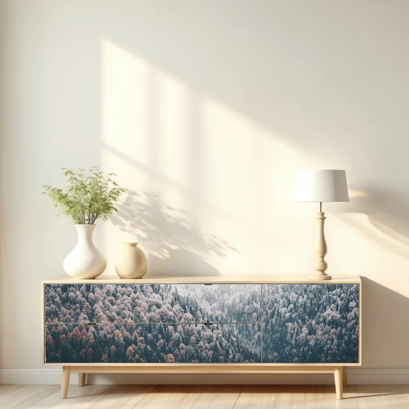 Repositionierbarer Aufkleber nebliger herbstwald am schneebedeckten berg