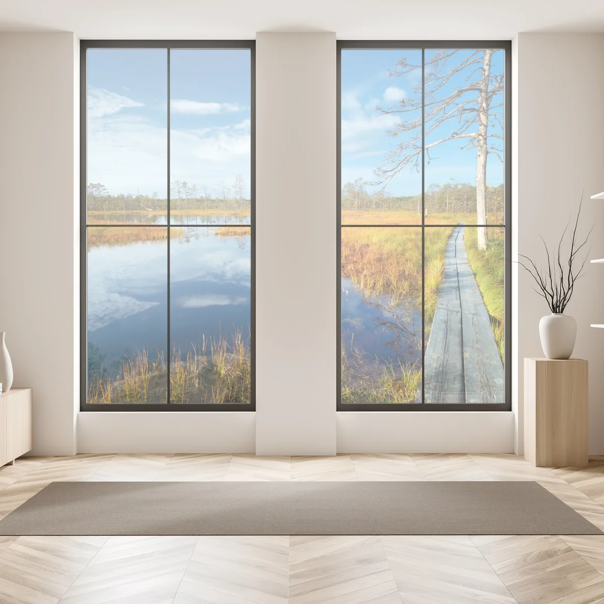 Fensteraufkleber herbststeg über ruhigem moor Fensteraufkleber herbststeg über ruhigem moor