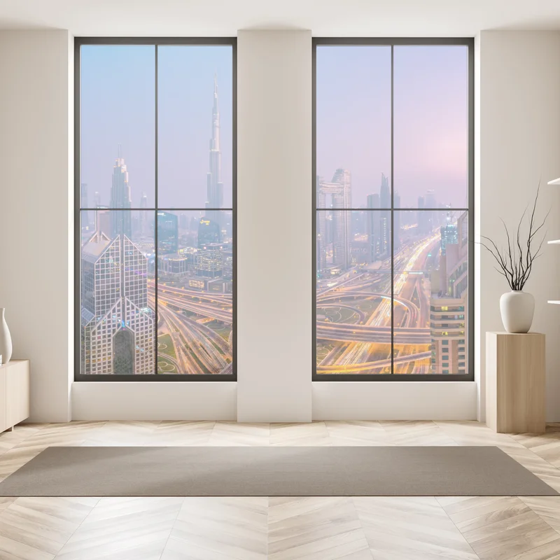 Fensteraufkleber panoramablick auf Dubai bei dämmerung Fensteraufkleber panoramablick auf Dubai bei dämmerung