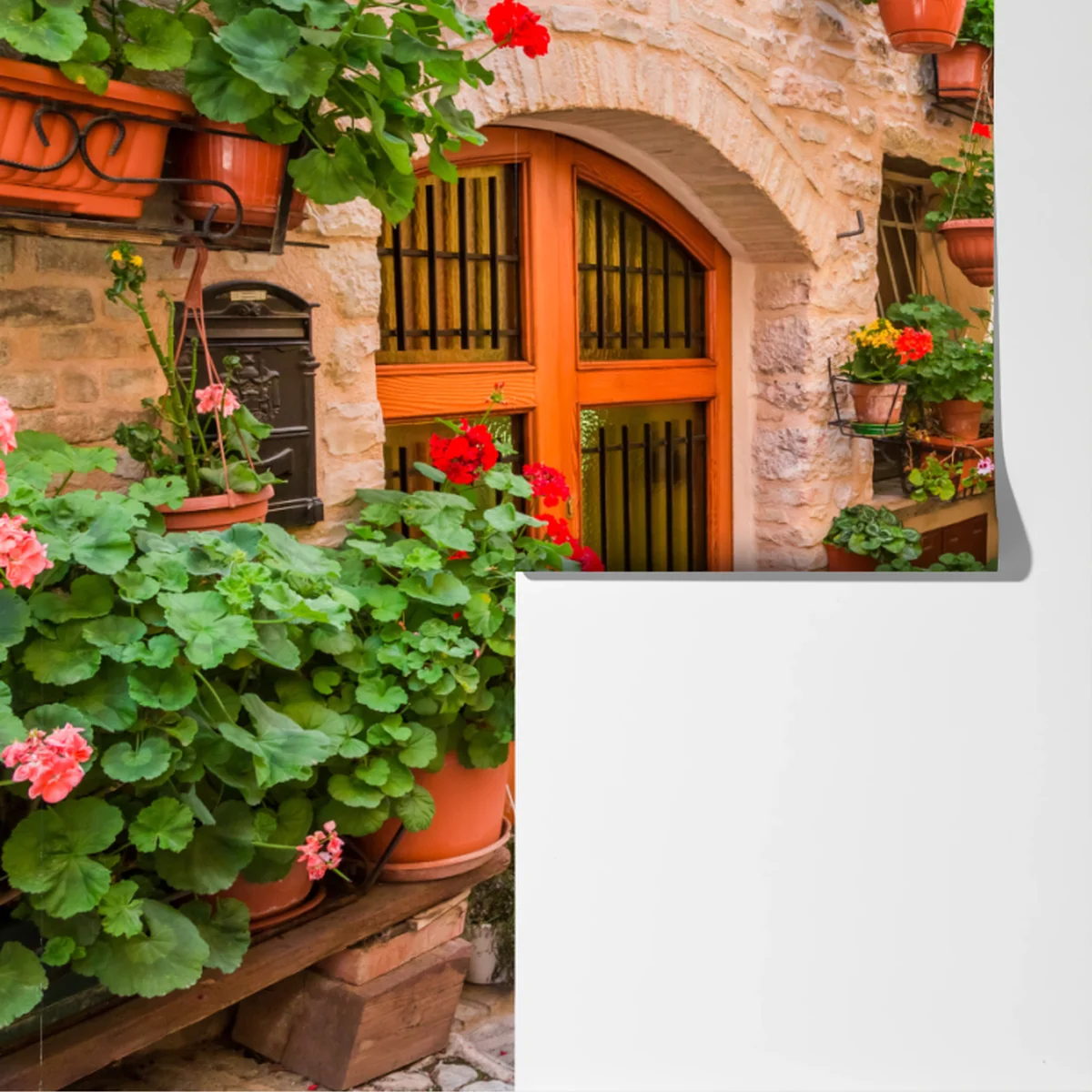 Fototapete sonnige gasse in Italien mit blühenden töpfen Fototapete sonnige gasse in Italien mit blühenden töpfen