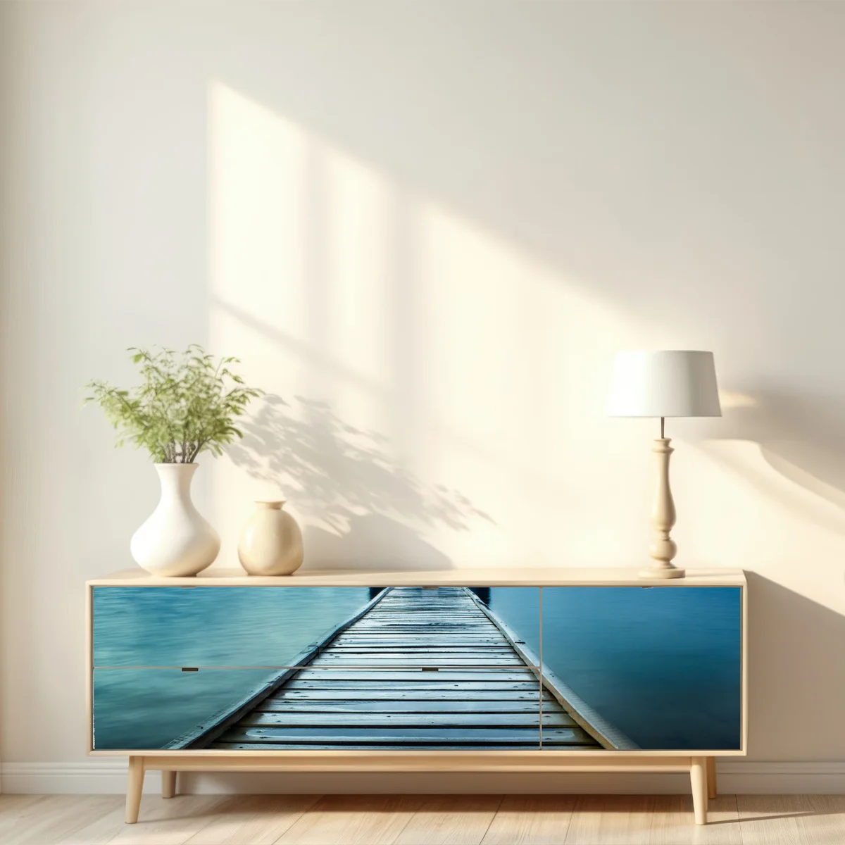 Repositionierbarer Aufkleber blaues bootshaus am ende des stegs Repositionierbarer Aufkleber blaues bootshaus am ende des stegs