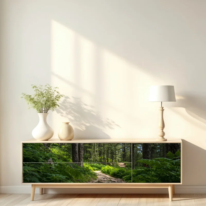 Repositionierbarer Aufkleber ruhiger waldpfad durch üppiges grün Repositionierbarer Aufkleber ruhiger waldpfad durch üppiges grün