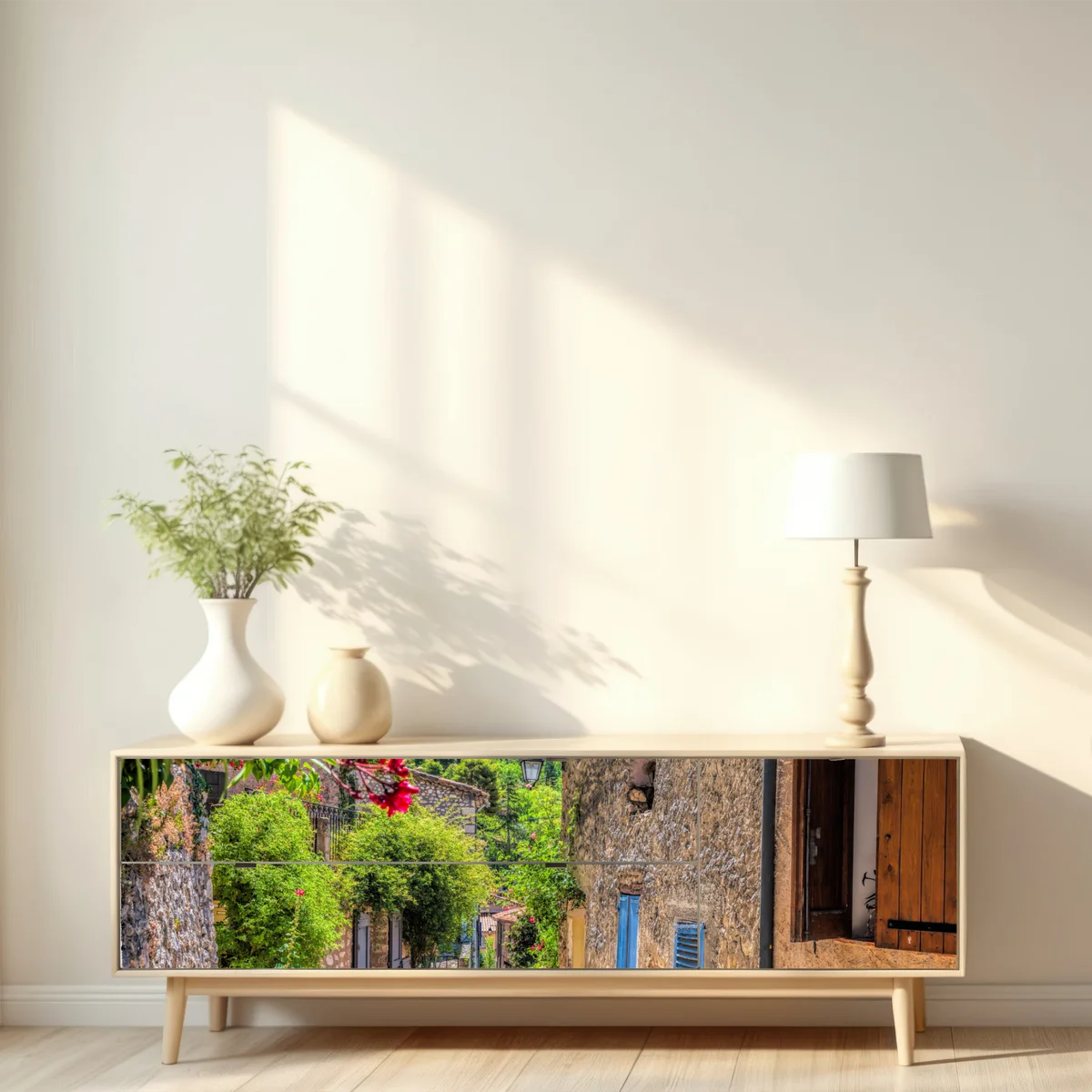 Repositionierbarer Aufkleber Moustiers Sainte Marie reizvolle Dorfstraße in Provence Repositionierbarer Aufkleber Moustiers Sainte Marie reizvolle Dorfstraße in Provence